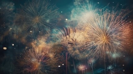 Fototapeta premium Abstract colored firework background with free space for text. Bright fireworks. Background festive night fireworks in the sky. generative ai
