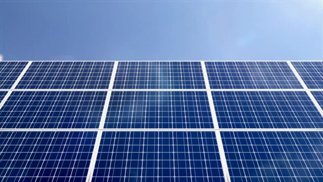 4K video of solar panels generating electricity with sunlight, technology and clean energy animation on blue sky