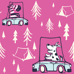 Dog, zebra car camping funny cool summer t-shirt seamless pattern. Road trip vacation print design. Forest camp