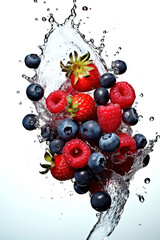 Fresh and juicy berries and pure water splash isolated on white background. Generative art.
