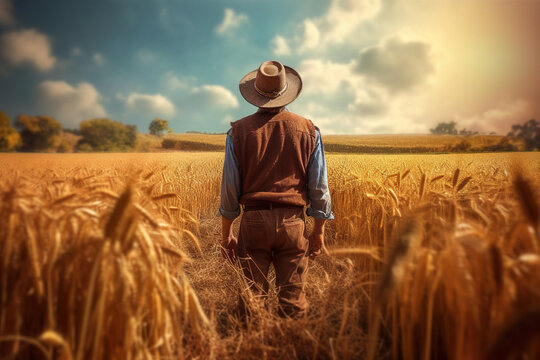 A farmer in the field of golden wheat at sunset. Rear view, unrecognisable person