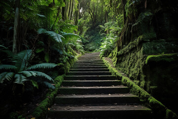 Stairs to shelter in the rainforest. Beautiful artwork generated by Ai