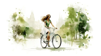 A female cyclist promoting an eco friendly lifestyle, riding a vintage bicycle. Modern sustainability practices, encouraging environmentally responsible transportation. Generative AI