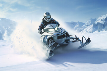 Snowmobile riding at beautiful winter snowcapped road, with a huge splashes of snow. Generative art