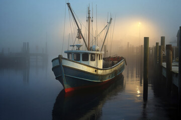 Fototapeta premium Old fishing trawler in the port in foggy morning. Overcast weather.