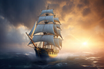 Old sailing ship in the sea at sunset