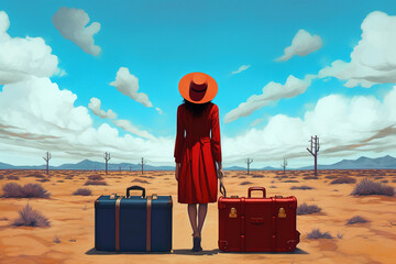 Elegance woman in red clothing with two travel cases stands on the road in the desert. Rear view, vintage style
