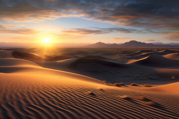 Sunset over the beautiful rolling landscape of desert. Photorealistic landscape illustration generated by Ai