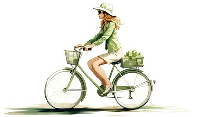 A female cyclist promoting an eco friendly lifestyle, riding a vintage bicycle. Modern sustainability practices, encouraging environmentally responsible transportation. Generative AI