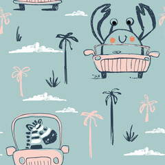 Zebra, crab car funny cool summer t-shirt seamless pattern. Road trip vacation print design. Beach