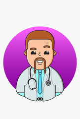 Fototapeta premium Vector illustration of stylized people in a white medical gown on a round purple background