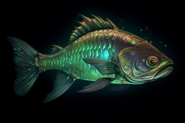 Fantasy Glowing bioluminescent fish isolated on black background. Emitting lure, illuminating the dark abyss