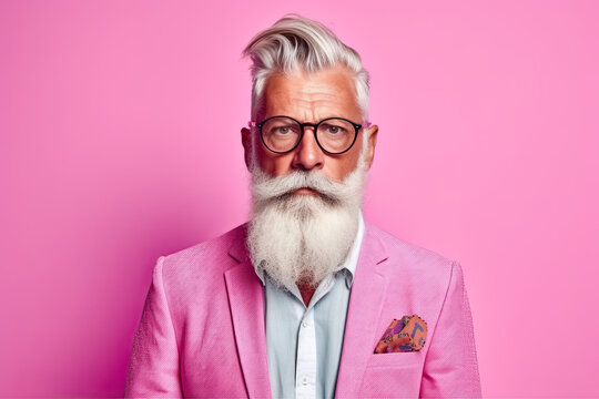 Studio shot of handsome senior man hipster dressed in stylish coat and sunglasses. Isolated on pink background