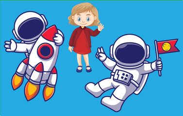 Two astronaut different pose with cute girl vector pro illustration 