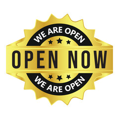Open Now Rubber Stamp, Label, Emblem, Seal, Sticker, Patch, Banner, Design Element, 3D Realistic Shiny And Glossy Badge Design Vector Illustration