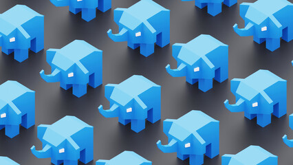 Many blue low poly elephants background. 3d illustration