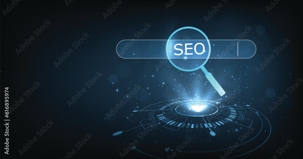 Poster SEO, Search Engine Optimization concept. Smart search, Searching information data on internet networking concept.	
