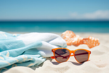 vibrant sun glasses and towels on the summer beach with clear blue sky and ocean