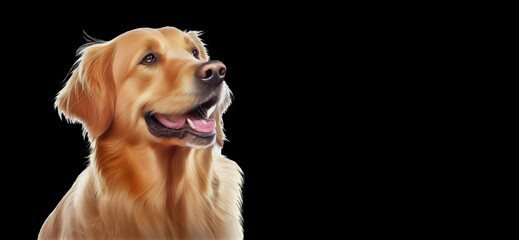 Golden retriever dog smiling happily on colored background with free space for text.