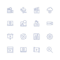 Video line icon set on transparent background with editable stroke. Containing camera, cctv camera, clapper, cloud, laptop, live, presentation, processing, save, settings, video, video lesson.