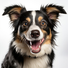A playful Border Collie puppy (Canis lupus familiaris) with a tri-color coat, enjoying a fun moment.