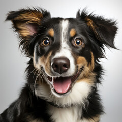 A playful Border Collie puppy (Canis lupus familiaris) with a tri-color coat, enjoying a fun moment.