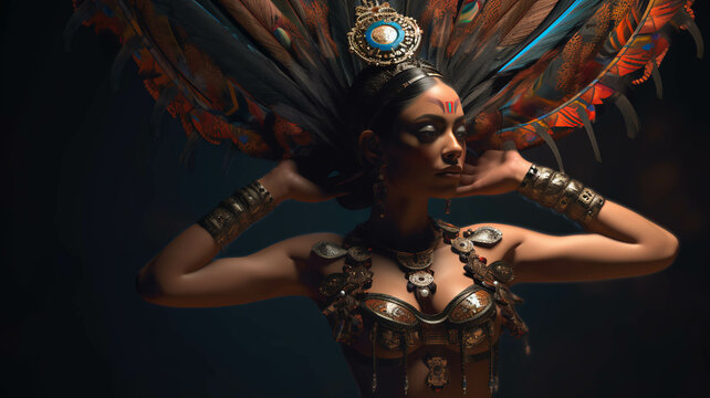 Ilustraci&oacute;n mujer azteca, prehispanica. colorida