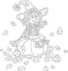 Happy little Halloween witch with a big hat and a cloak with stars sitting on a large pumpkin and waving in greeting among fallen autumn leaves, black and white vector cartoon illustration