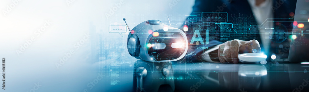Leinwandbilder Businessman connected of digital chatbot for provide access to information and big data on online network, robot application and global connection, AI, Artificial intelligence, machine deep learning.