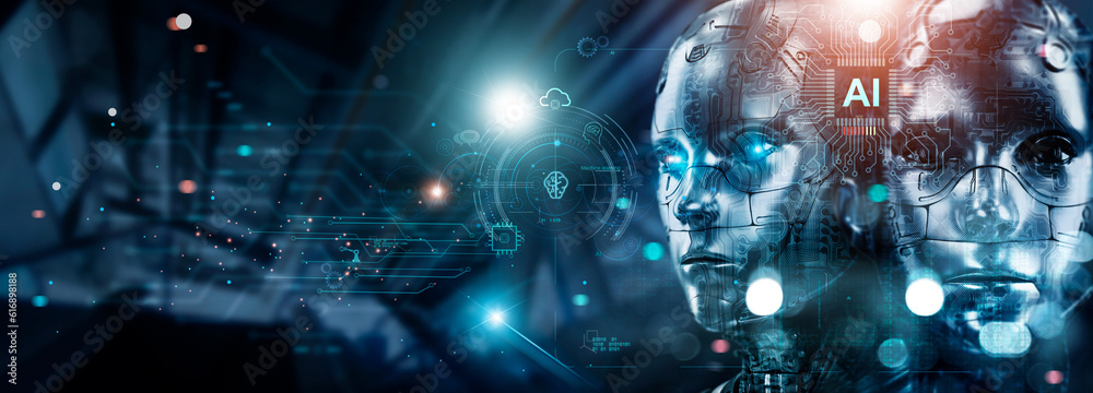 Poster The advancement of new technology make AI robots smarter and more involved in human work. Both in industry, economy and society, innovation, science and technology of futuristic.