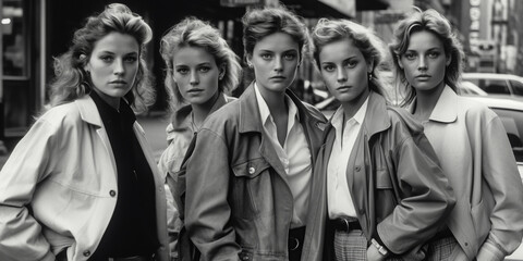 Fototapeta na wymiar group of fashionable girls models in stylish clothes and hairstyles in retro style of 1980s on city street. Vintage fashion. Generative AI