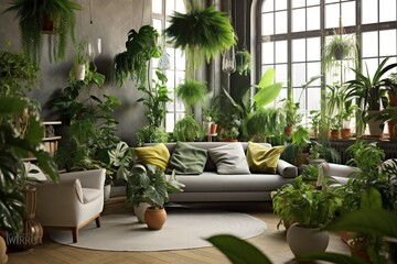 Fototapeta na wymiar Bright living room interior with white empty wall,Generative AI