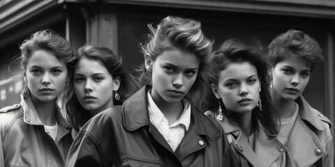 group of fashionable girls models in stylish clothes and hairstyles in retro style of 1980s on city street. Vintage fashion. Generative AI