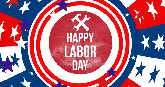 Animation of happy labor day text over stars and cricles coloured with flag of usa