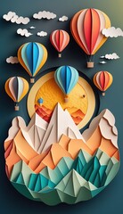 cardboard style. many hot air balloons in the sky over the mountains at sunrise. generative ai.