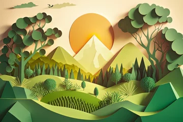 Gardinen cardboard landscape. green hills with trees and sky with clouds. generative ai. © robertuzhbt89