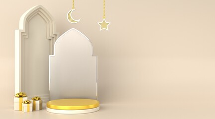 3d white gold islamic podium background. 3D render.