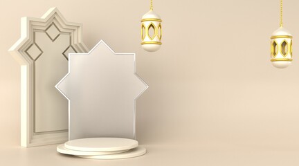 3d white gold islamic podium background. 3D render.