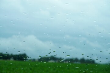 Abstraktes Motiv mit Regentropfenmuster auf Glasscheibe vor grünem Maisfeld, Bäumen und Himmel bei regen am Nachmittag m Sommer