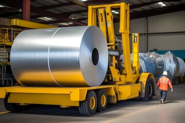 A forklift transporting large aluminum steel. Generative AI