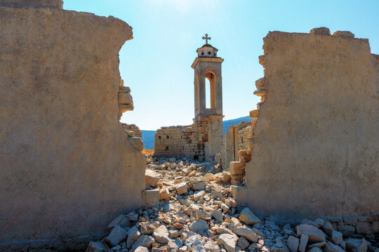 abandoned and ruined old catholic church of St. Nicholas in Alassa at Kouris Reservoir, Limassol, Cyprus, Europe