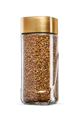 Instant coffee jar with golden lid isolated. Transparent PNG image.
