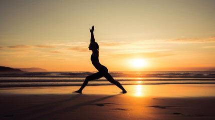 WOman doing yoga on beach in the evening with sunset