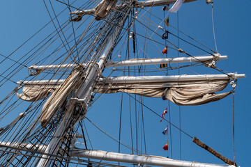 Details from the deck and the mast of a sailboat