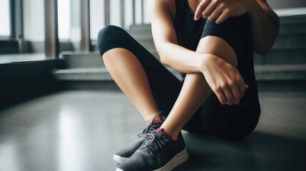 Woman sitting in gym and stretching before fitness workout