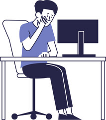 Upset frightened man sits in front of a computer monitor.