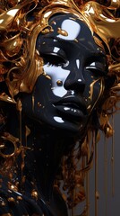 abstract black gold designs with a woman, in the style of melting