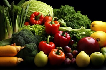 Fototapeta na wymiar Fruits and vegetables looking gorgeous in black background. Generative AI
