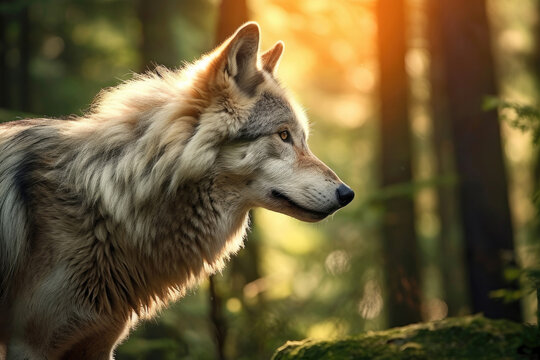 Close-up of a wolf in a forest, Generative AI