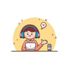 Freelancer woman character is in front of laptop, listening to music and drinking cup of coffee, happy expression. Vector illustration of work or business concept. Designed in cute flat cartoon style